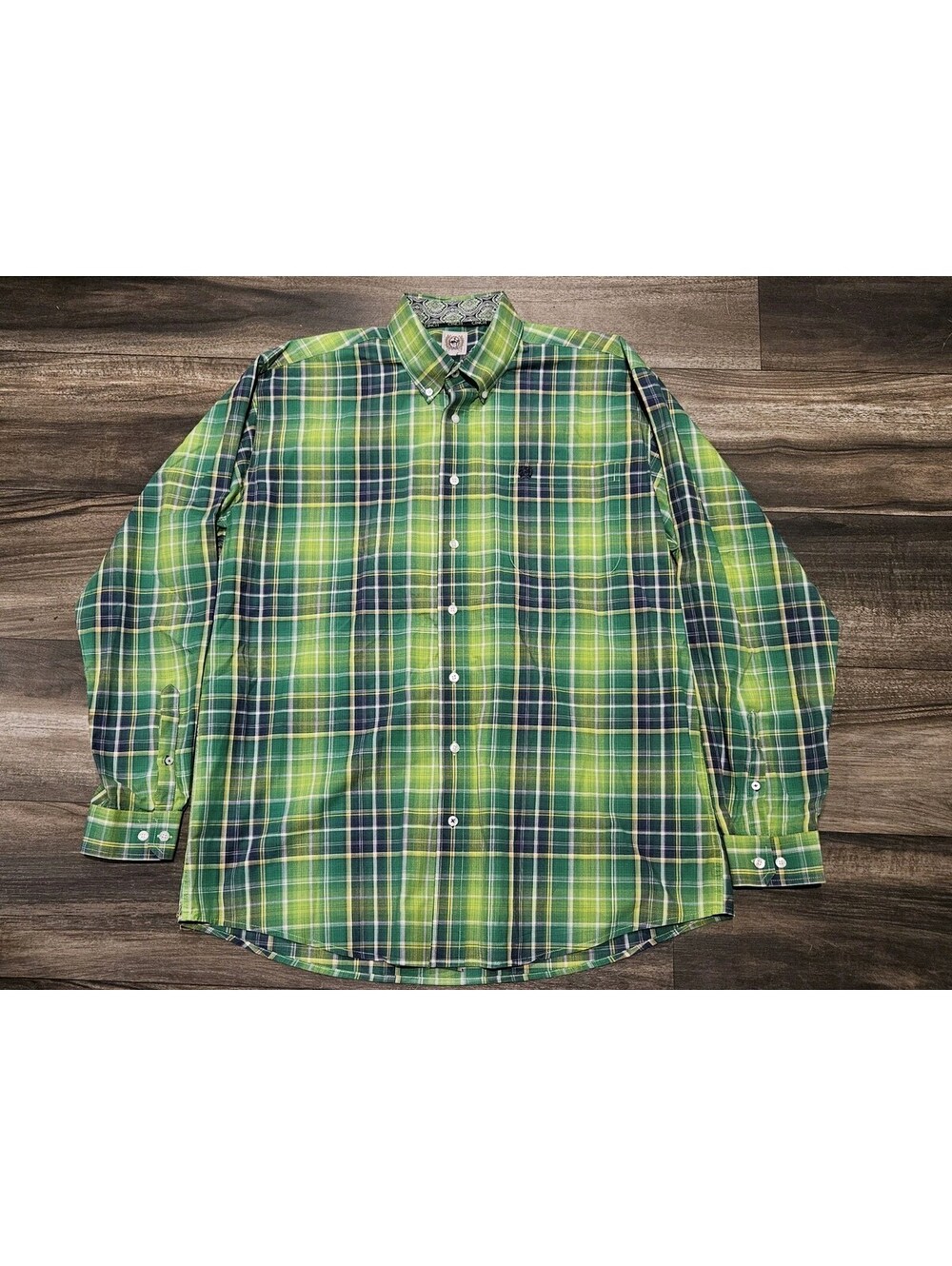 Cinch Western Button Up Shirt Mens Large Green Blue Check Plaid Long Sleeve